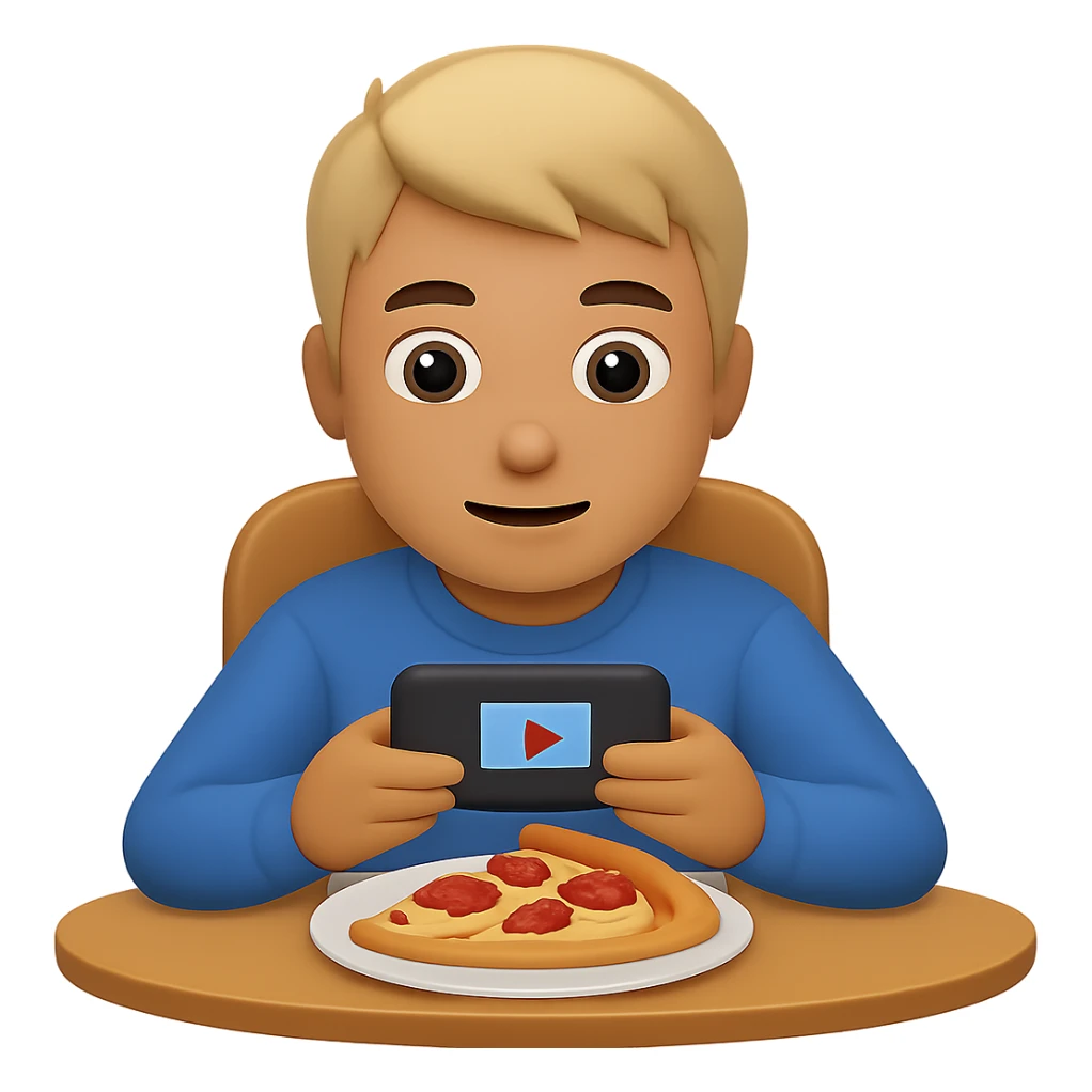 Change the food to pizza, keep the boy watching videos on his phone, emoji style, sitting at a table, with no background. The style should resemble apple style emojis. sticker