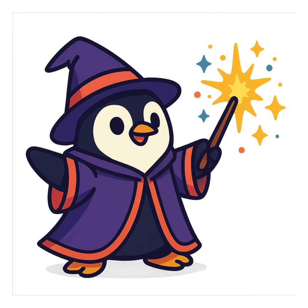 cute penguin wizard casting a spell, wearing a robe and holding a wand, magical sparkles around sticker
