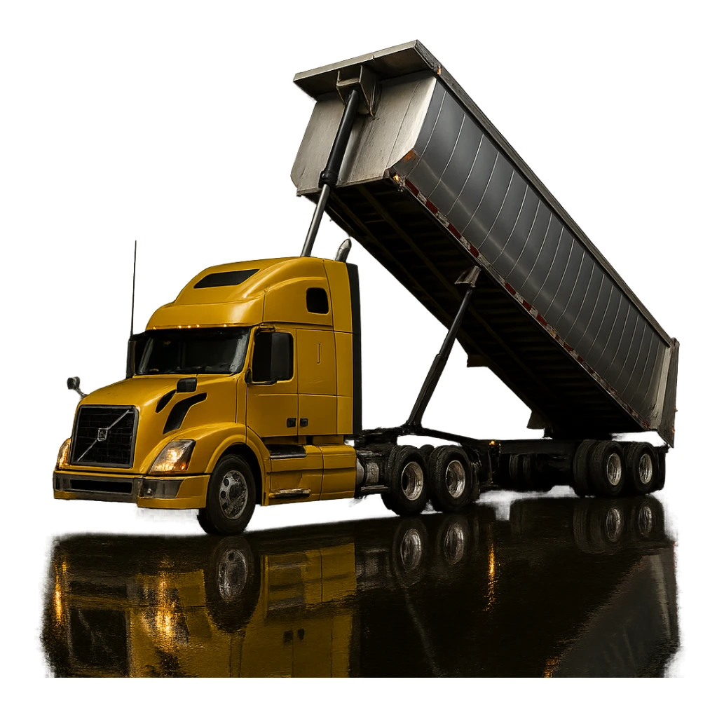 ultra-realistic Volvo yellow semi sleeper truck and silver end dump trailer, trailer tilted up as if dumping, night scene with clear reflections and shadows, no background sticker