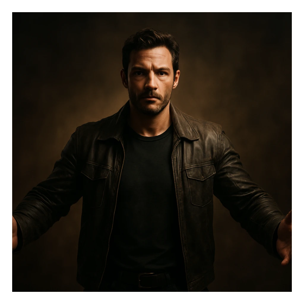 hyper realistic 4K cinematic image of a man with open arms, confident and protective, intense yet gentle expression, cinematic lighting, powerful atmosphere sticker