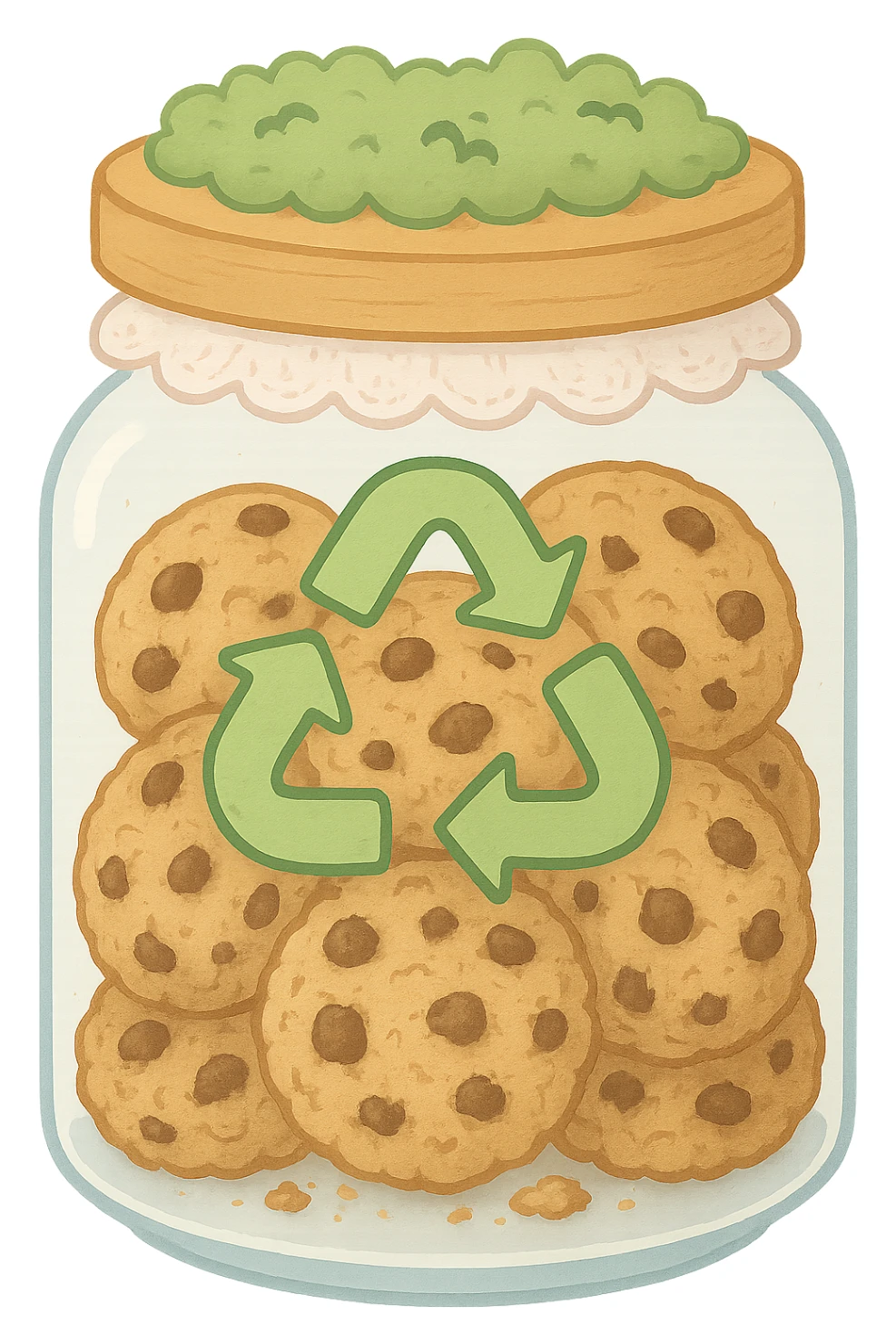 Fill the inside of this exact cookie jar with cookies, keeping the same cottagecore style, glass jar, wooden lid, lace, moss, and recycling symbol. No words or text. Maintain the transparent background. The style is cottagecore with delicate details on the glass jar, wooden lid, lace, moss, and recycling symbol. sticker