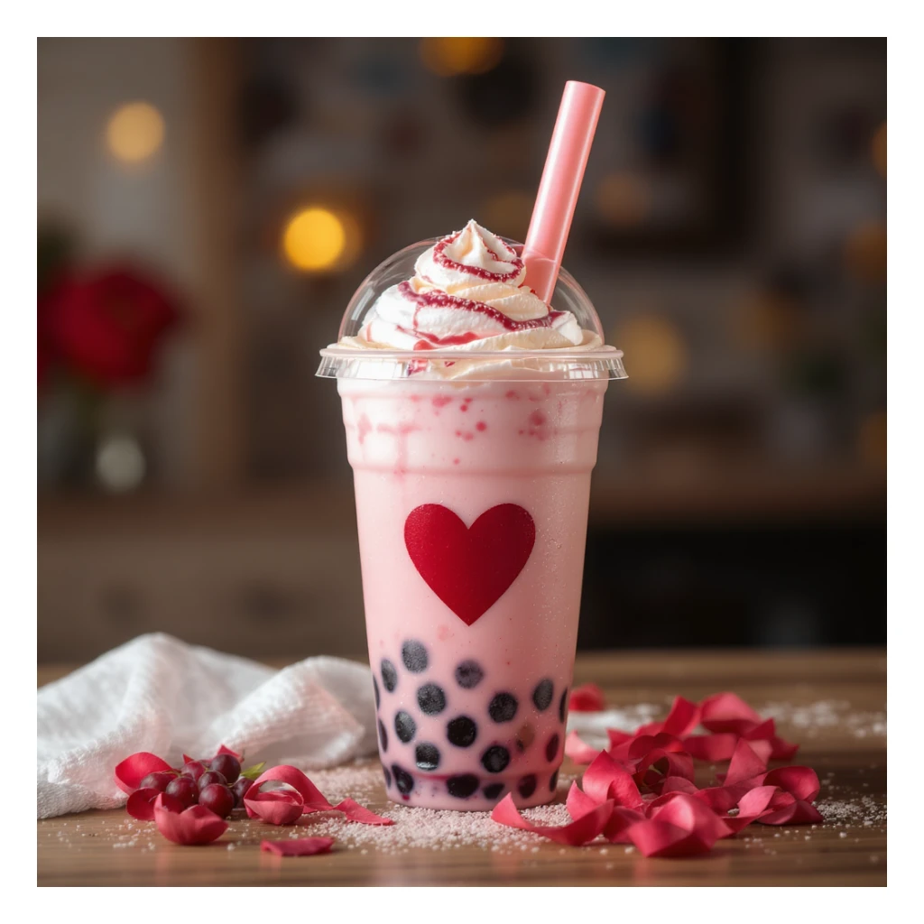 photorealistic elegant pink bubble tea with a heart accent, no background, transparent sticker