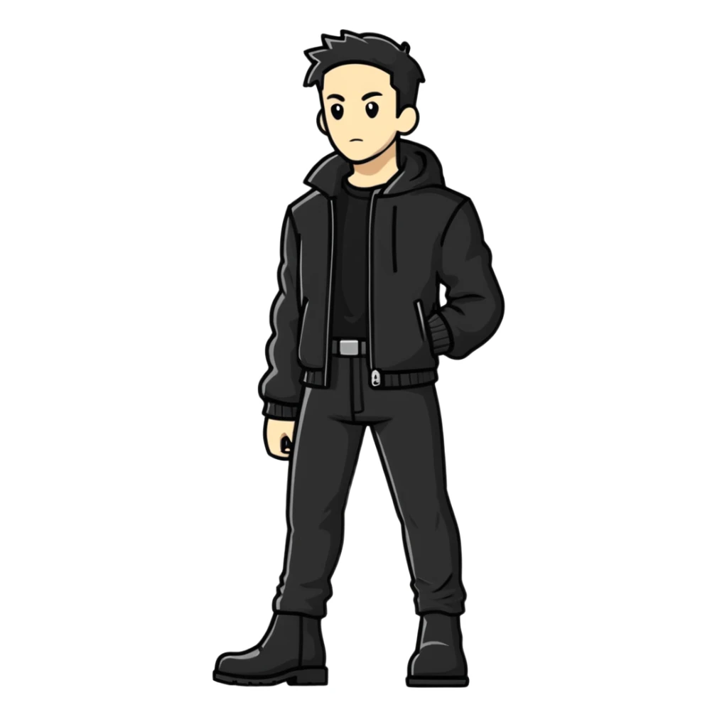 Full body standing male figure wearing black jacket, black pants, and black boots sticker