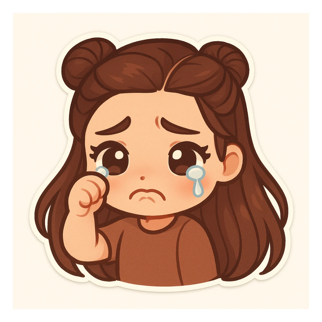 Create a chibi sticker of the girl from the reference image, crying with a pouty face, wiping away a tear, cute and expressive, with long hair. sticker