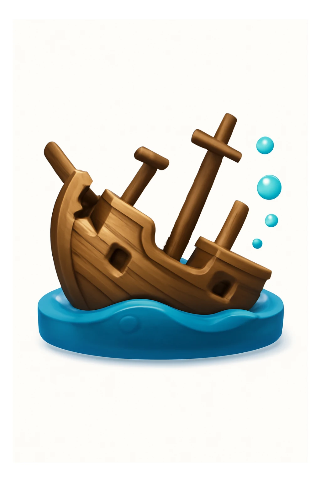 3D iPhone style emoji of a sunken ship, partly underwater, tilted and broken wooden structure, subtle bubbles around, isolated on white background, soft shadows, high detail, playful and cute. sticker