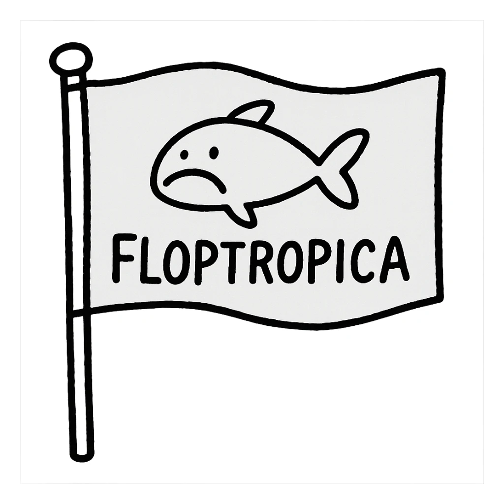 hand-drawn outlined flag on a stick with a quirky 'Floptropica' symbol sticker
