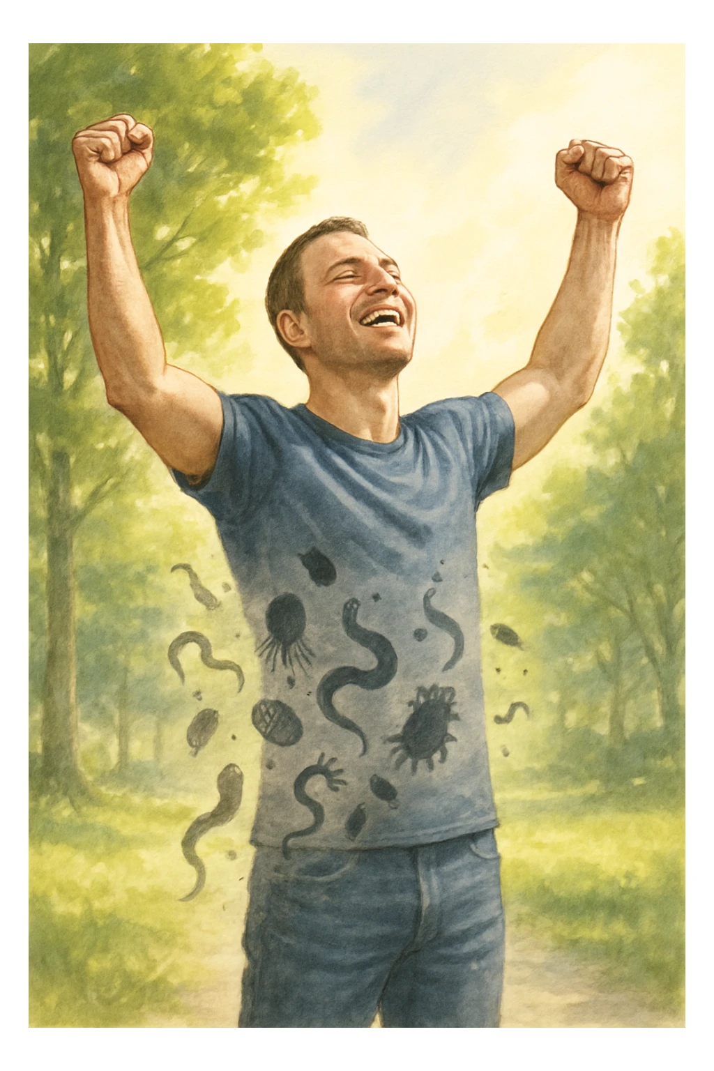 realistic vertical editorial illustration of a man standing outdoors with arms raised in victory, faint shadowy silhouettes of parasites falling away from his body and dissolving into the air, bright natural background with green trees and sunlight, emphasizing liberation and restored health sticker