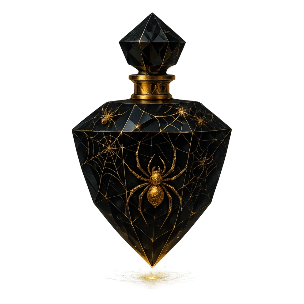 very luxurious black crystal elixir bottle with lots of shine, facets, ornaments, decorated with spiders and spider webs, golden details, magical effects, very small golden neck, transparent background, beautiful merging base, clearly floating in the air, no base or shadow, premium class, matching a collection sticker