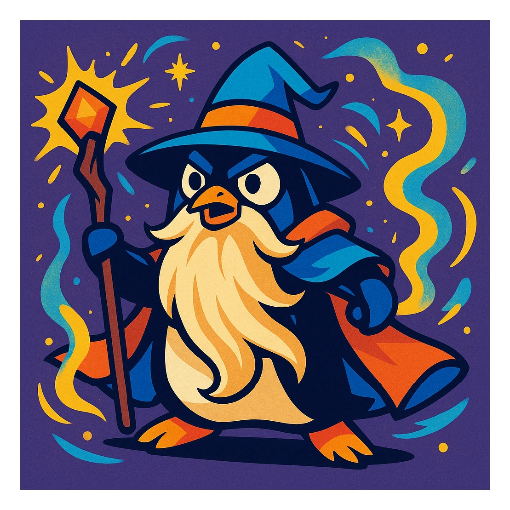 a heroic penguin wizard with a long beard, staff, and magical aura, in a bold, dynamic style, vibrant toon illustration sticker