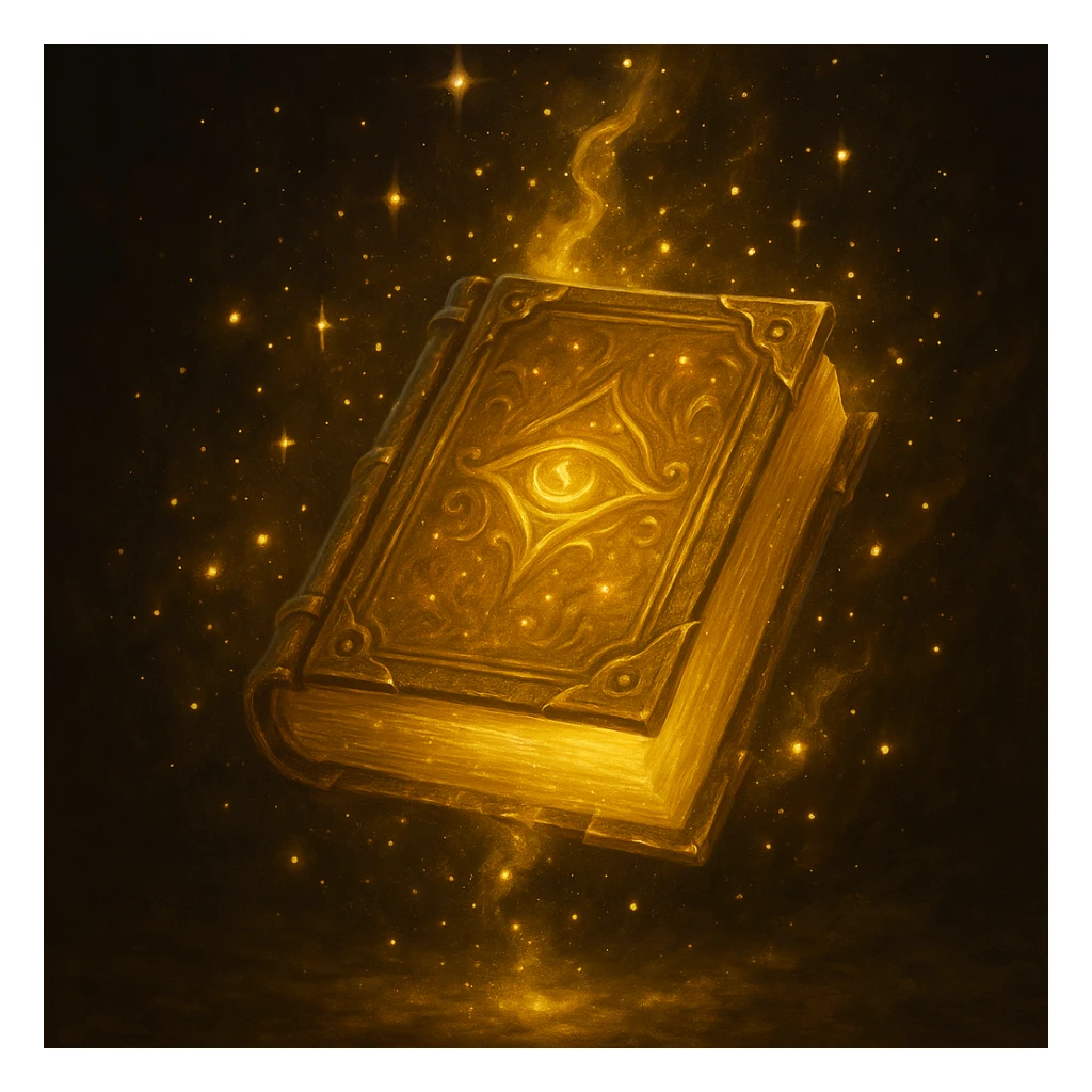 a mystic yellow book, glowing, magical, mysterious, floating, with sparkles, in a fantasy style sticker