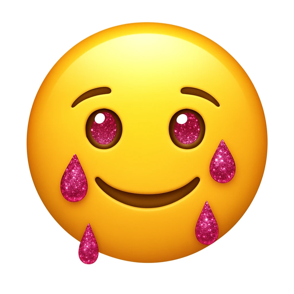 Make the tears pink glittery and the lips smile on a classic round yellow face emoji. The face should not be a woman face, but a classic emoji face. sticker