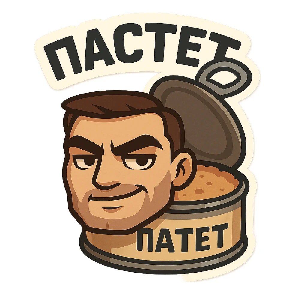 Chibi style open pâté tin can with visible pâté inside, masculine vibe, confident tough expression, half-smile smirk, thick eyebrows, slightly narrowed eyes, calm dominant energy, cartoon but not babyish, strong simple shapes, thick bold outline, muted colors (beige, brown, dark gray), flat illustration, no background, Twitch emote style, readable at small size, text on top saying "ПАСТЕТ" in bold strong Cyrillic letters sticker