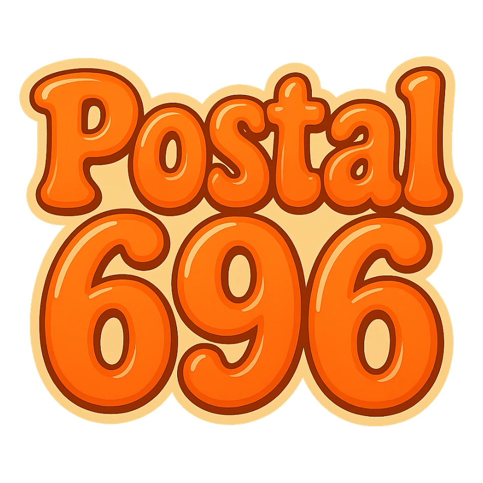 Change the text to 'Postal 696' in the same extra puffy, shiny orange and red bubble letter style, whimsical and lighthearted. Keep the background transparent. sticker