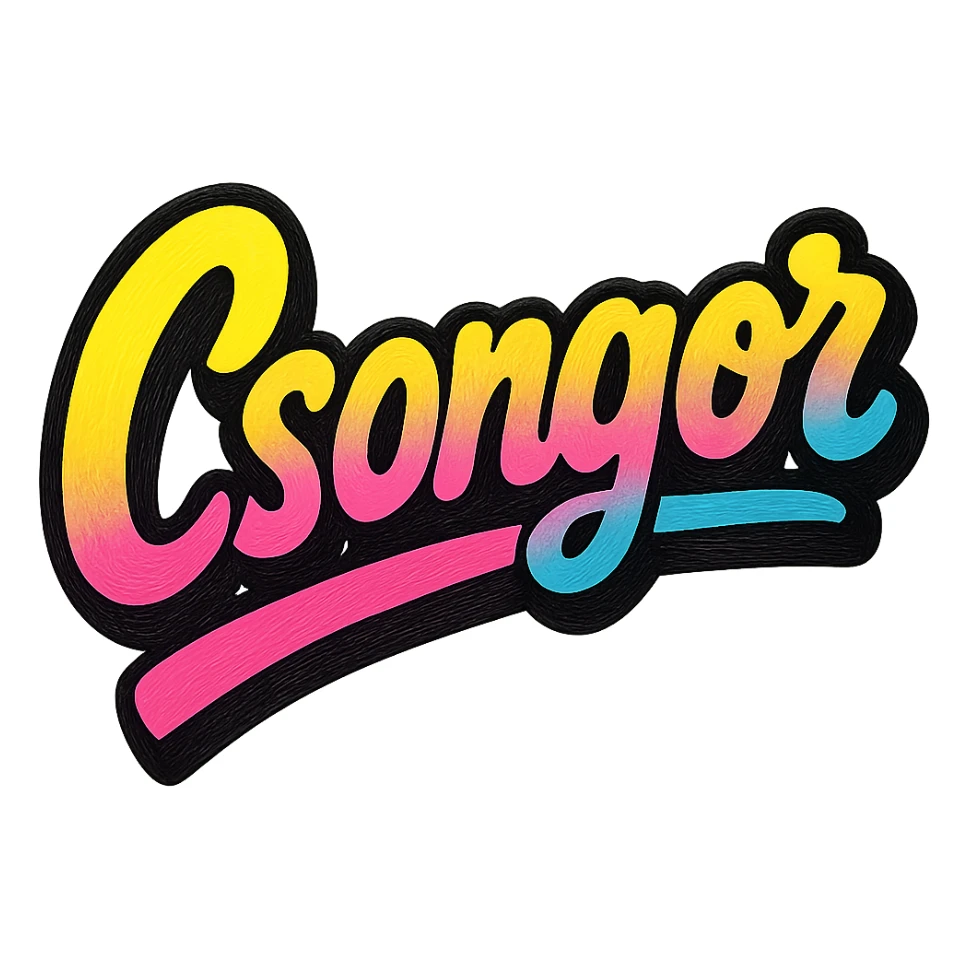 The name 'Csongor' in a modern, colorful gradient font with a dark outline, dynamic, slanted or partial underline, in the style of reference patterns. sticker