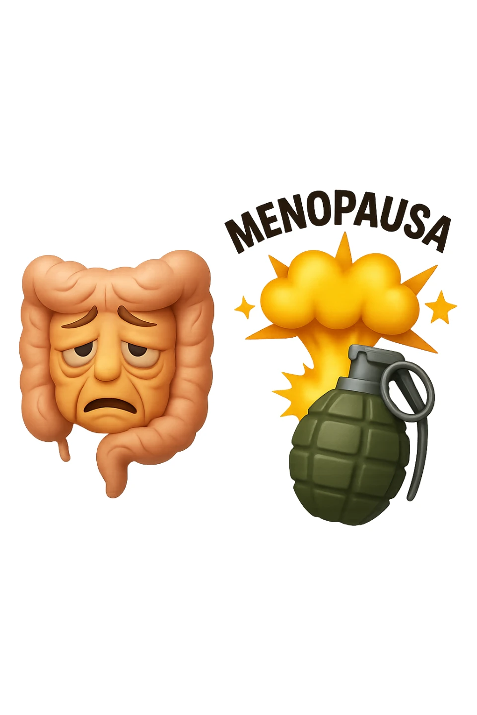 EMOJI STILE IPHONE 3D DI INTESTINO ANZIANO CON RUGHE SFINITO CON ESPRESSIONE STANCA, ACCANTO A LUI SCOPPIA UNA GRANATA 3D CON LA SCRITTA "MENOPAUSA" SOPRA sticker