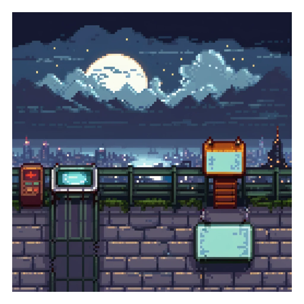 Pixel art rooftop at night, helipad, fence, distant city lights, glowing billboard, cloudy sky, 9:16 vertical scene, side view, retro 2D fighting game background
 sticker