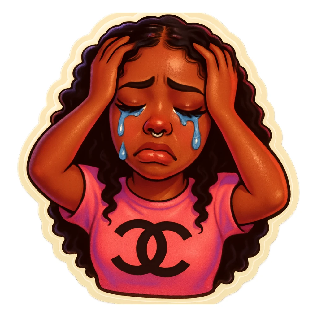 Crying Tears rolling down face 
Mouth Pout
hands on head 
pink chanel shirt 
head down
 sticker