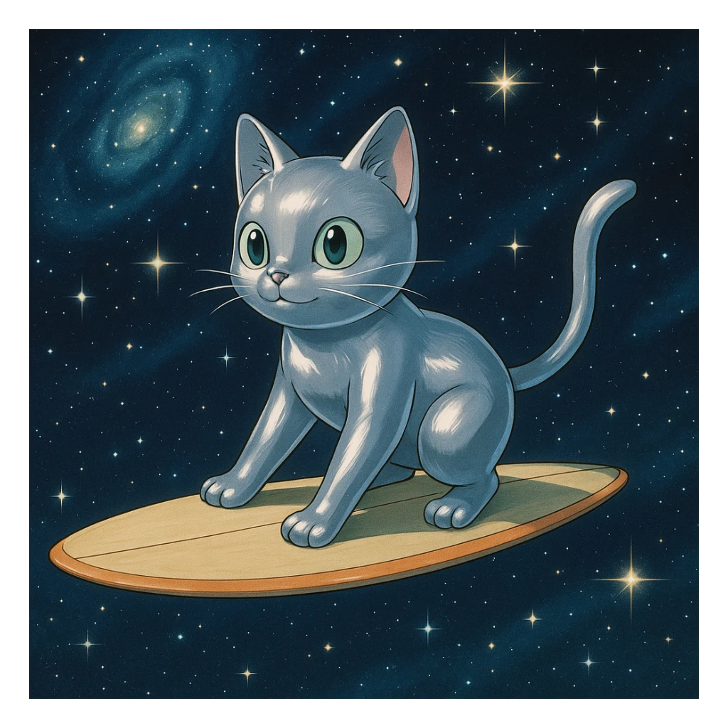 shiny silver cat with a surfboard in space, anime style sticker