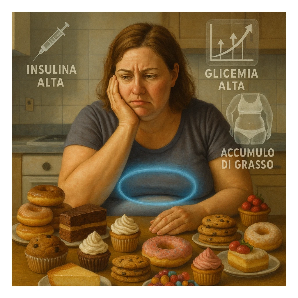 realistic surreal symbolism; woman about 38 years old, slightly overweight, sitting tired at kitchen table with sugary foods; frustrated expression; blue halo around abdomen (metabolic dysfunction); transparent icons: high insulin, rising blood sugar (graph with upward arrows), fat accumulation on abdomen and hips; writings in Italian sticker
