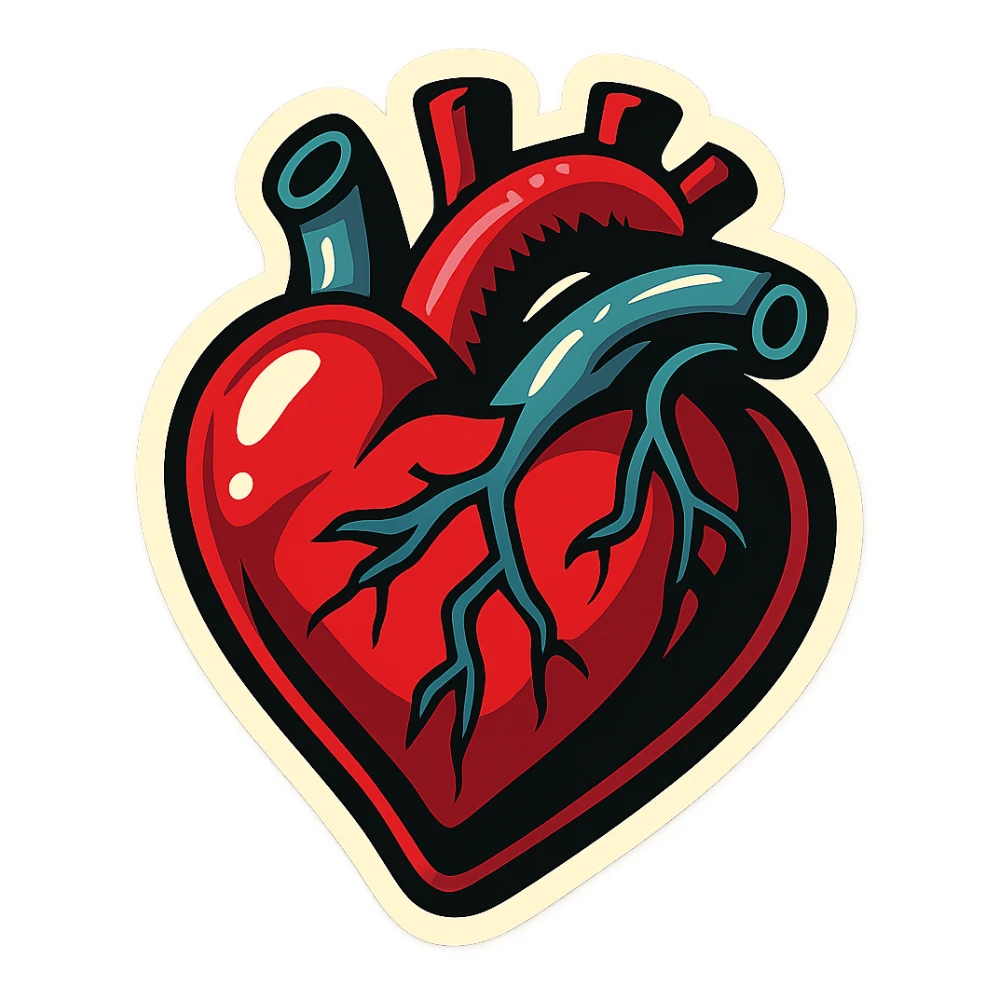 creepy heart, retro stickers style, sharp black outlines, expressive shadows and highlights, no gradients, only sharp color transitions sticker