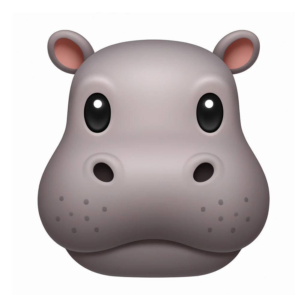 Make a hippo face emoji exactly like the reference image, in iOS emoji style. Same shape, color, and expression, smooth and shiny. Add a subtle highlight. sticker
