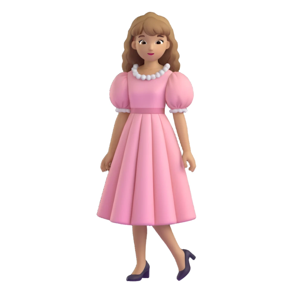 white or light brown girl with bangs, long light brown hair with curly blonde highlights, wearing a pastel pink dress with puff sleeves sticker