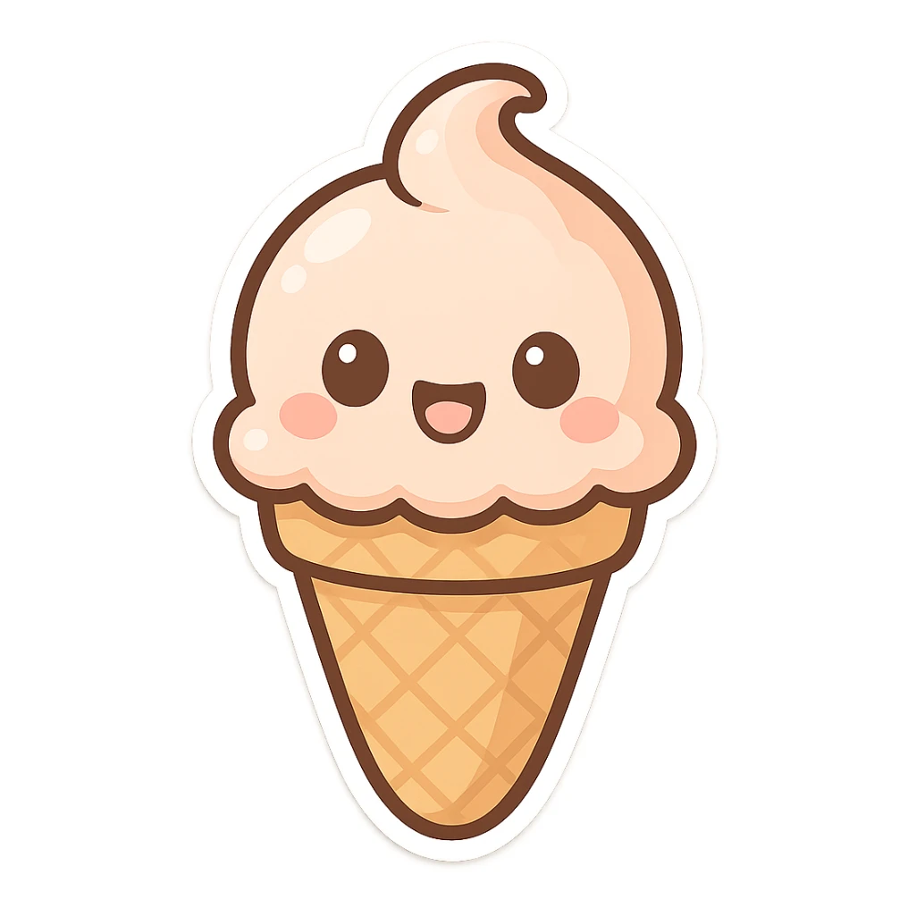 chibi sticker-style ice cream cone with a smiling face, cute and exaggerated sticker