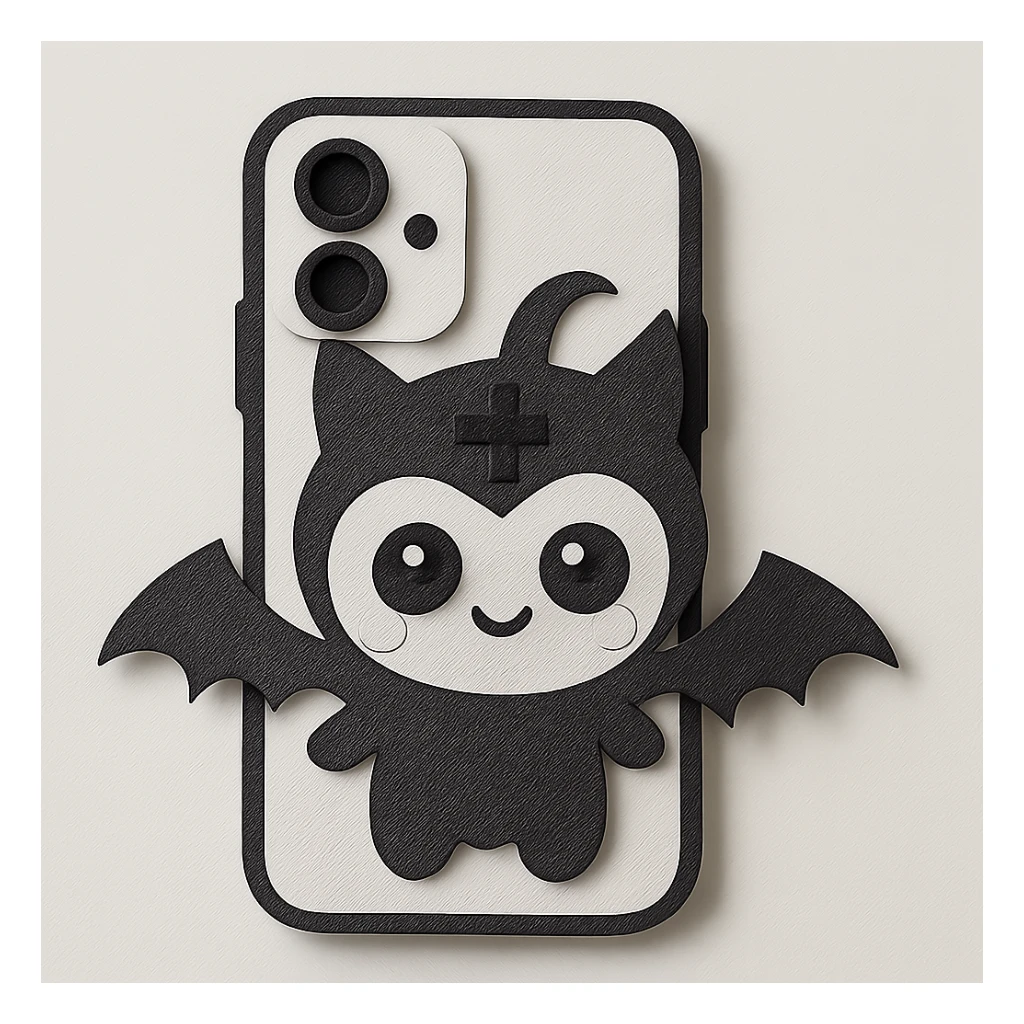 Change the color scheme to white and black, gothic kawaii phone case, big eyes, smiling, playful, cartoonish, gothic symbols, paper craft style, no background. sticker