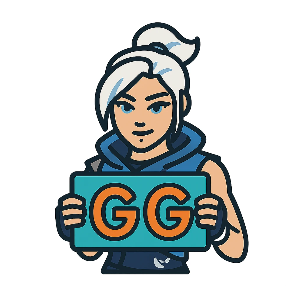 Resize the image to 500x500 pixels and ensure the file size is under 1 MB. Keep Jett from Valorant holding 'GG' text vibrant and energetic in a lineal color icon style with black outlines. sticker