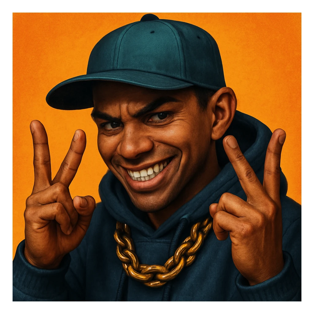 Make this character look more realistic, keeping the devious expression and YVL hand sign on both hands, urban street style, detailed shading, lifelike features. Maintain the original style's essence but enhance realism and detail. sticker