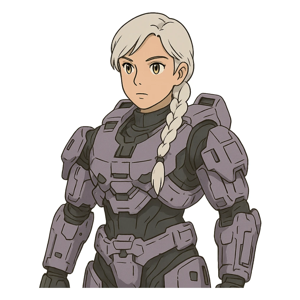 female, wearing reach spartan armor default, long white braid hair, gold yellow eyes, attention pose, halo series, no helmet, the armor is lavender color scheme and has no shoulder pad attachments sticker