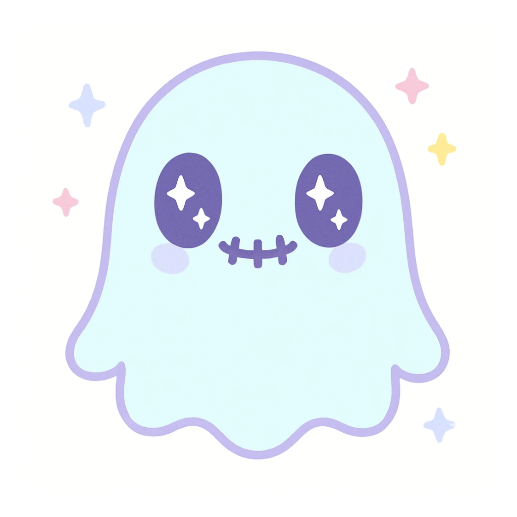 a small ghost with adorable features but dark, stitched mouth, horror-cute style sticker