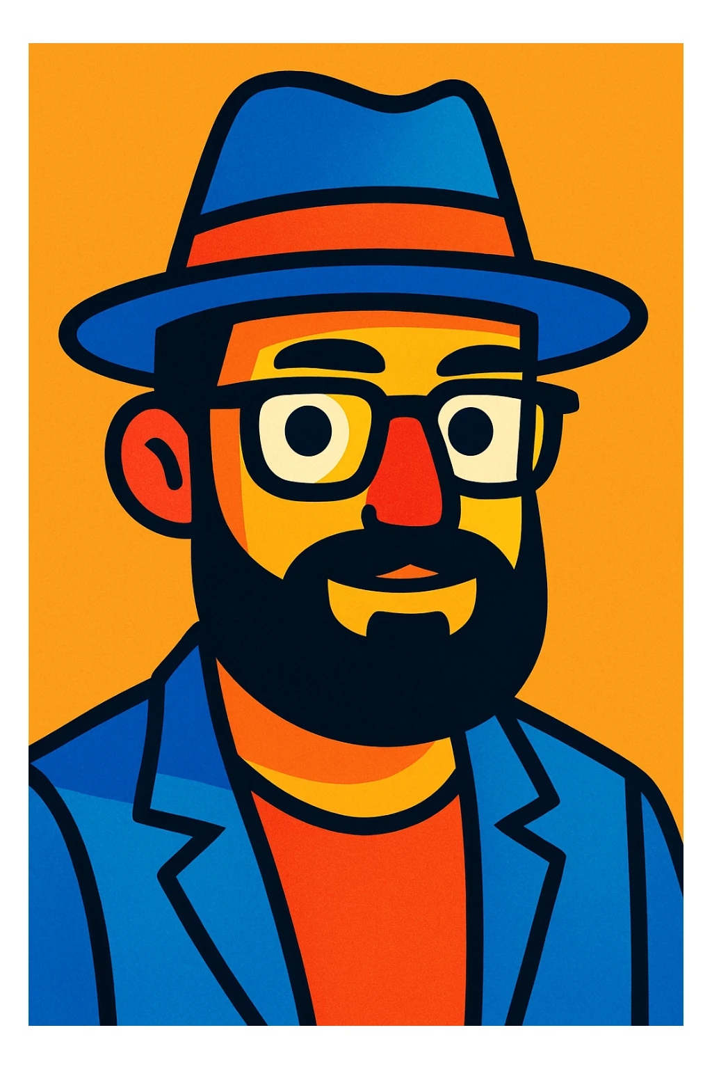 man with hat, beard, and glasses, vibrant toon style sticker