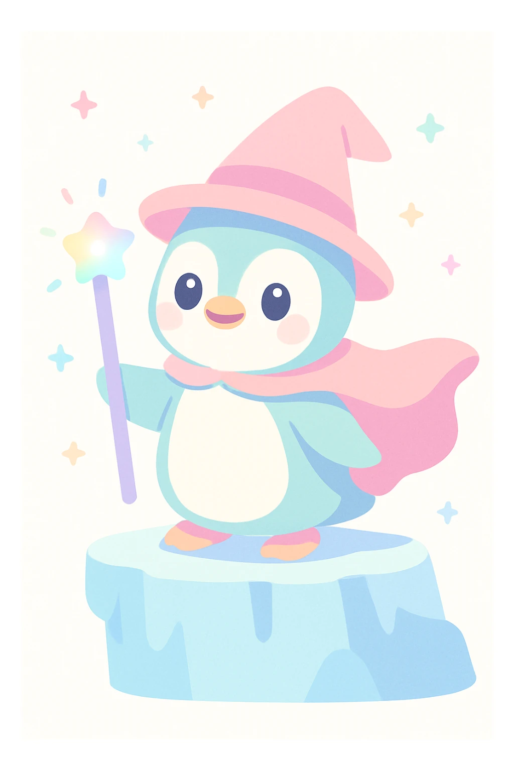 a heroic penguin wizard with a flowing cape, standing on an icy cliff, staff glowing sticker