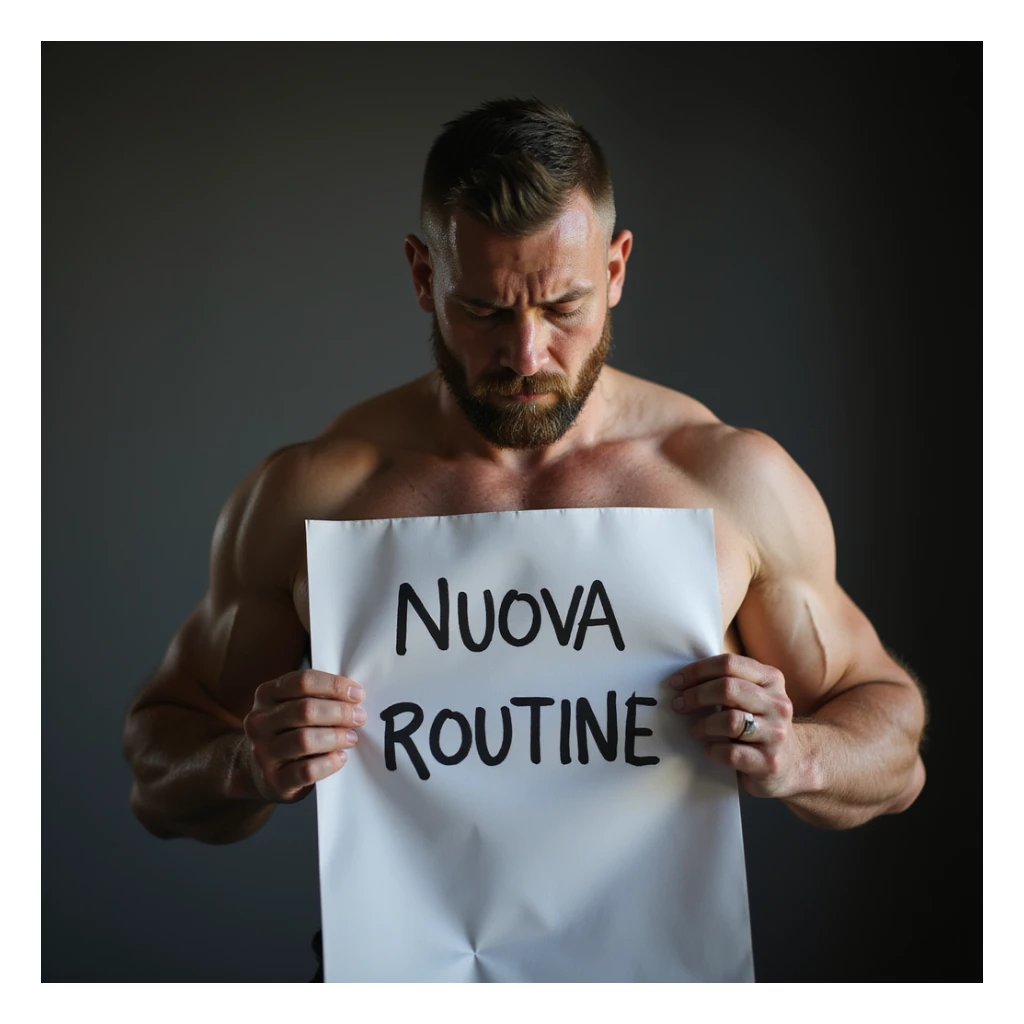 hyperrealistic 4K image of a sad fitness man, sad expression, holding a sheet with the text 'NUOVA ROUTINE', no background sticker