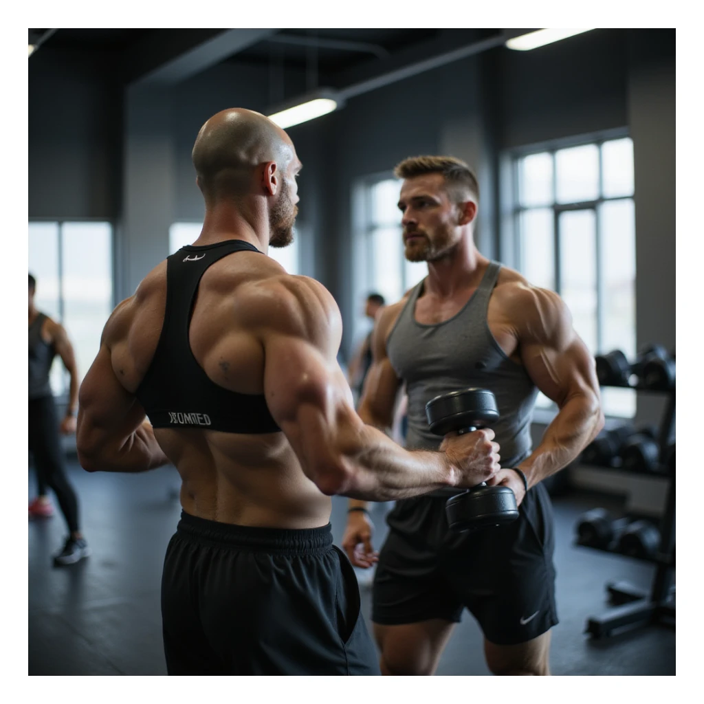 man in modern gym, wearing sportswear, using both isotonic machine and dumbbells, other athletes in background, atmosphere of variety in training, realistic details, 4K quality sticker