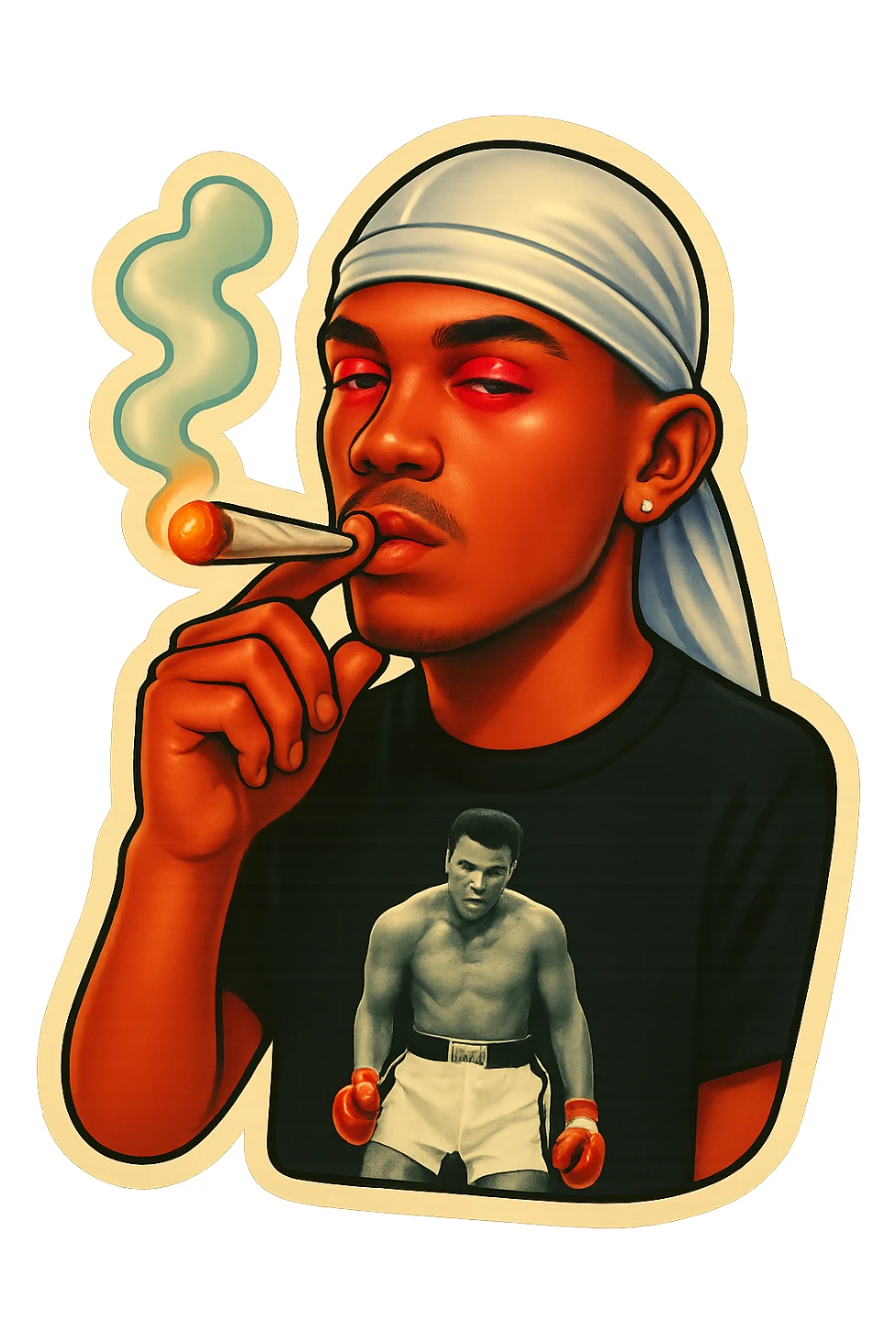 Red eyes lids
Smoking weed
Change His durag To white sticker