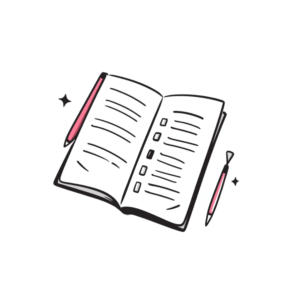 white notebook with some list on it and a pink pen nearby, notion style sticker