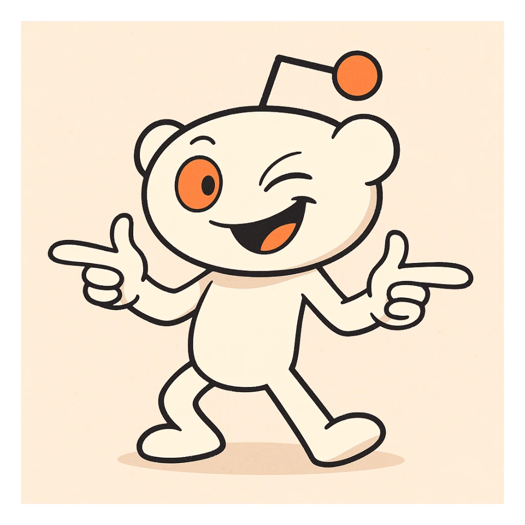 Snoo the Reddit mascot doing finger guns, cartoon style, energetic pose, white and orange colors sticker
