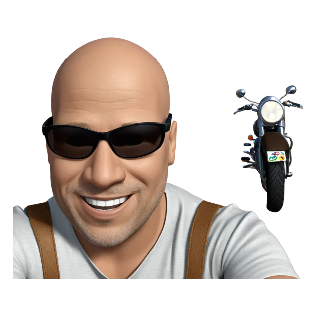 bald man smiling on motorcycle sticker