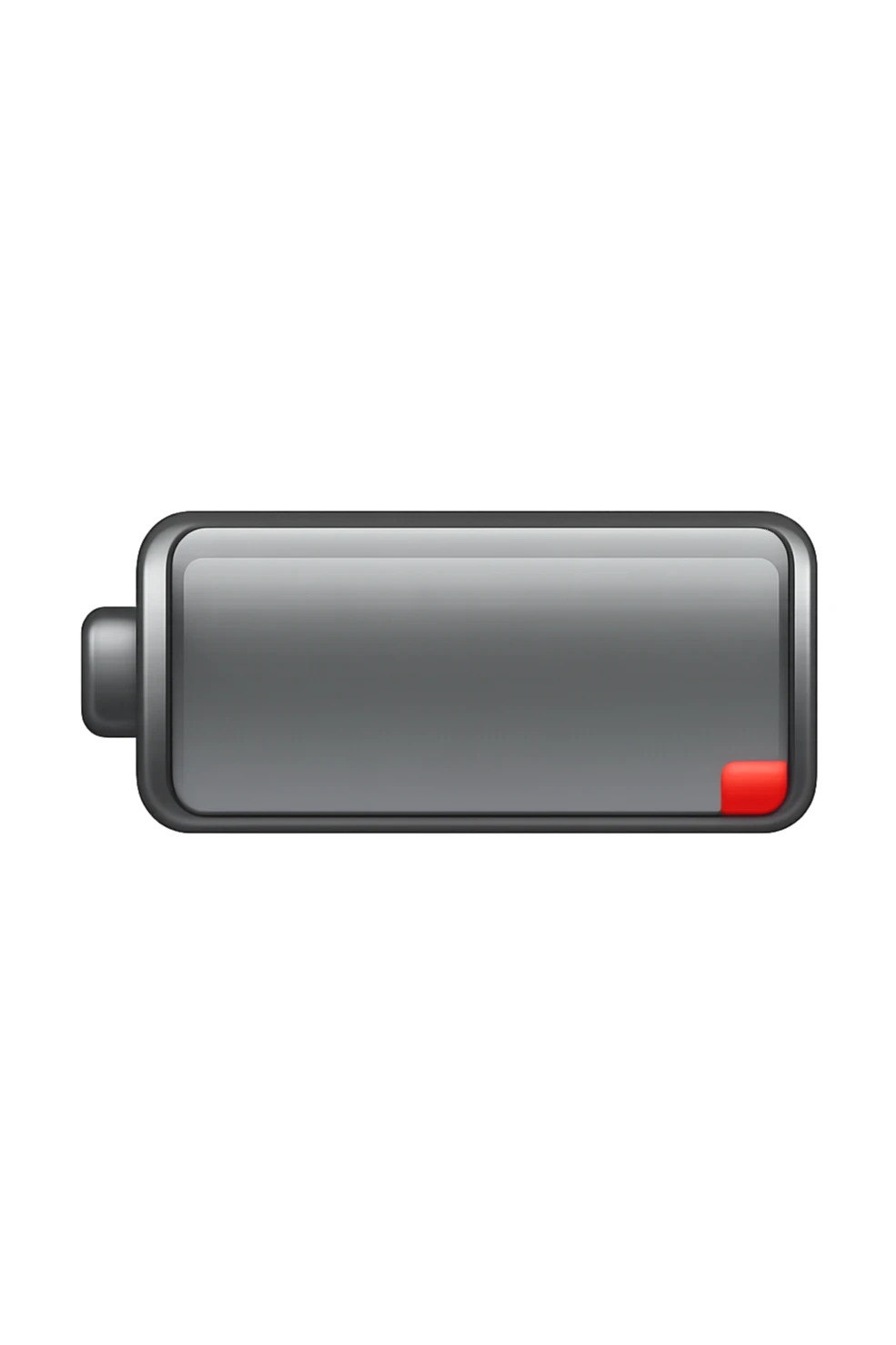 iPhone-style emoji of a battery that is almost empty, with a small red bar at the end indicating low energy. Clean, minimal, glossy look, transparent background. sticker