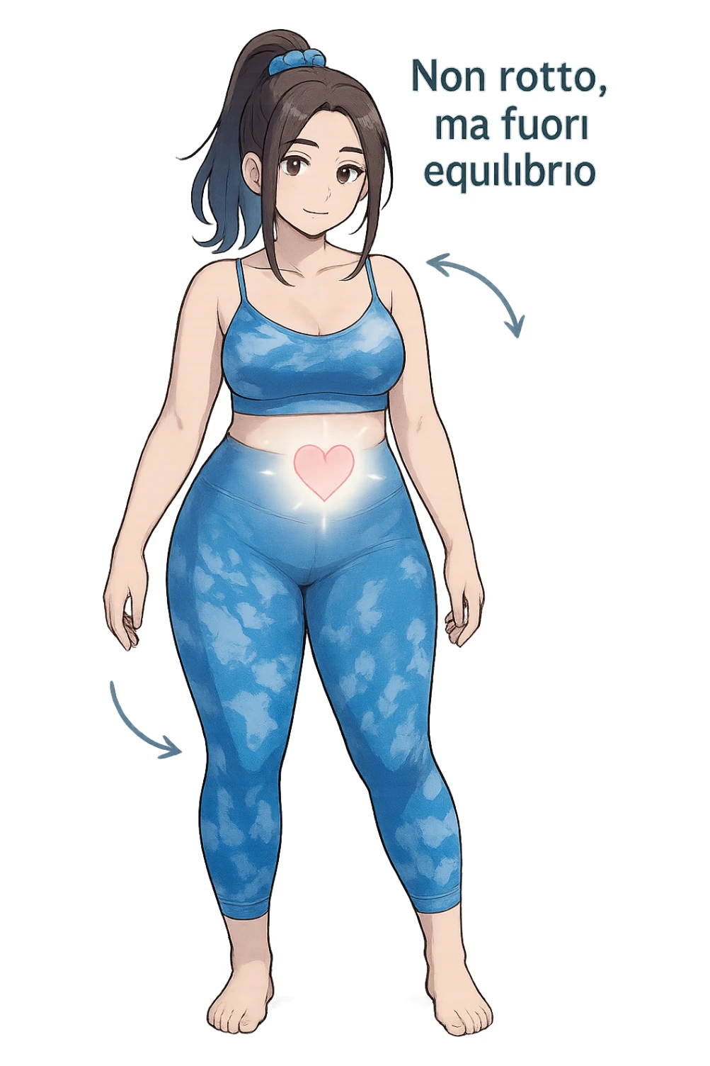 stile manga a woman stands in a relaxed pose, with a gentle, confident expression. Her body is shown with subtle, curved lines or arrows indicating areas of imbalance (such as a slight tilt in the shoulders or hips), but no signs of injury or damage. A soft glow or heart symbol at her core emphasizes resilience and the message “Non rotto, ma fuori equilibrio” The background is clean and clinical, with light blue tones. sticker