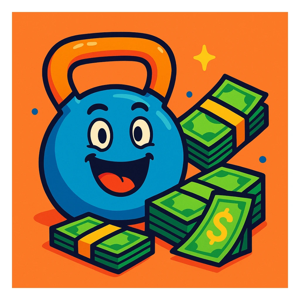 cartoon style kettlebell and money sticker