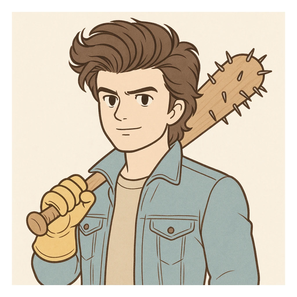 Steve Harrington from Stranger Things, iconic look: voluminous hair, blue jacket, yellow gloves, baseball bat with nails, confident expression, simple line art, light pastel tones, thick outlines, in Ghibli style, square 1:1 format. sticker