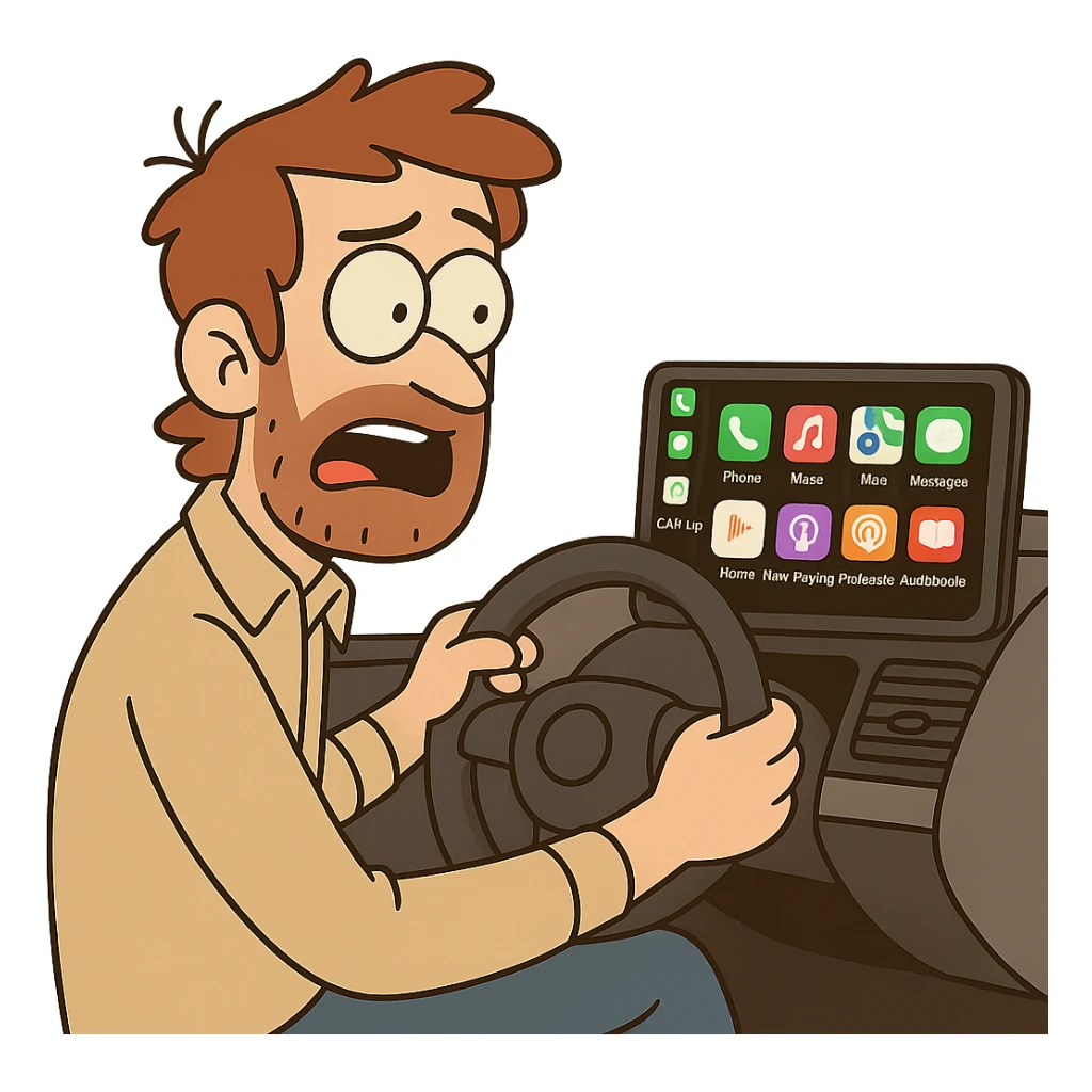 Steering wheel with CarPlay display, flat toon style, minimal background sticker