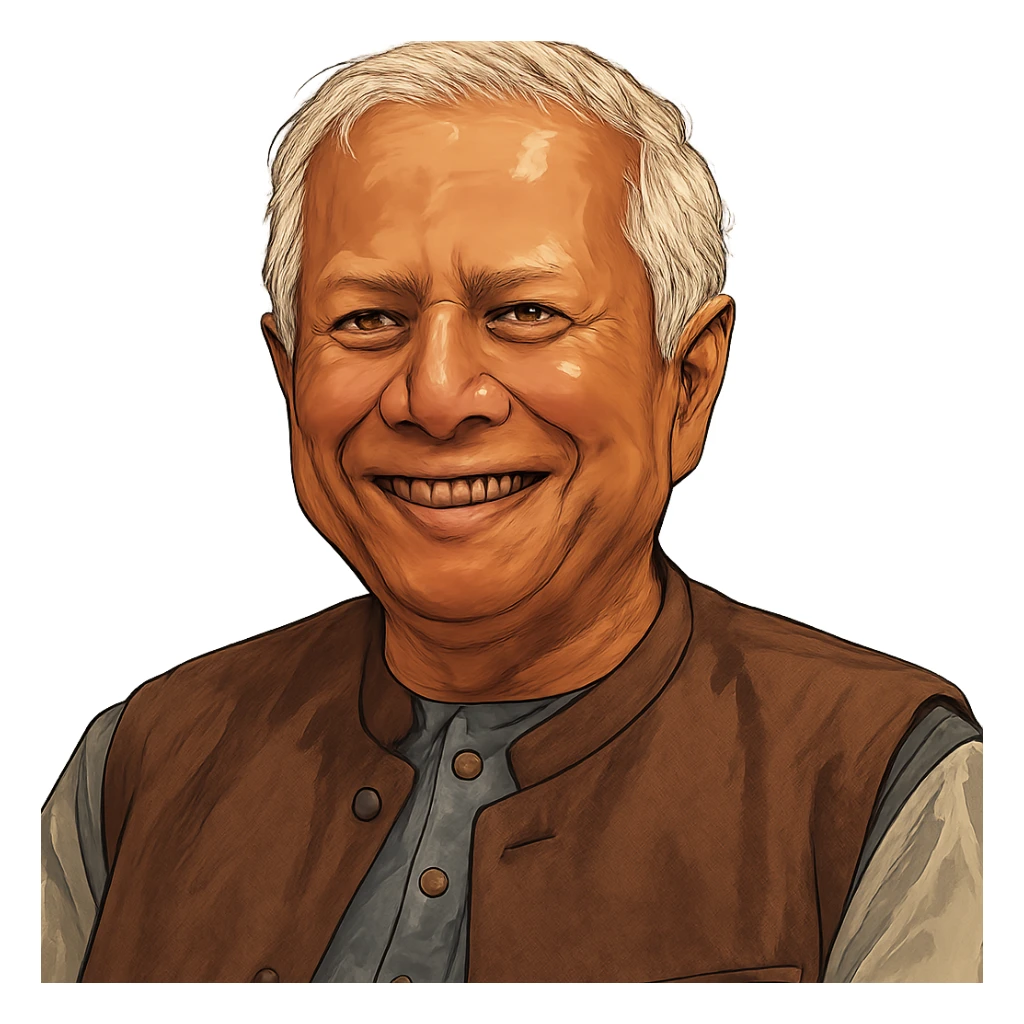 Мухамма́д Юну́с в слегка рисованном, но при это объемный стиль, прозрачный фон sticker