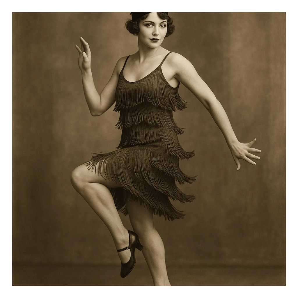 1920s woman, Charleston dancer, fringe dress, confident expression, retro style, vintage fashion, elegant sticker