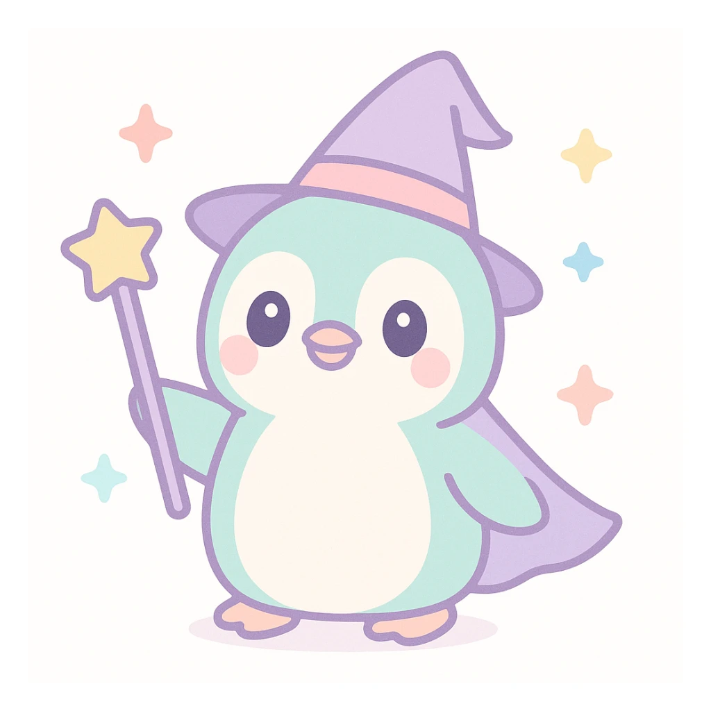 a penguin dressed as a wizard, with a pointy hat and a magic staff, in a fun and whimsical style sticker
