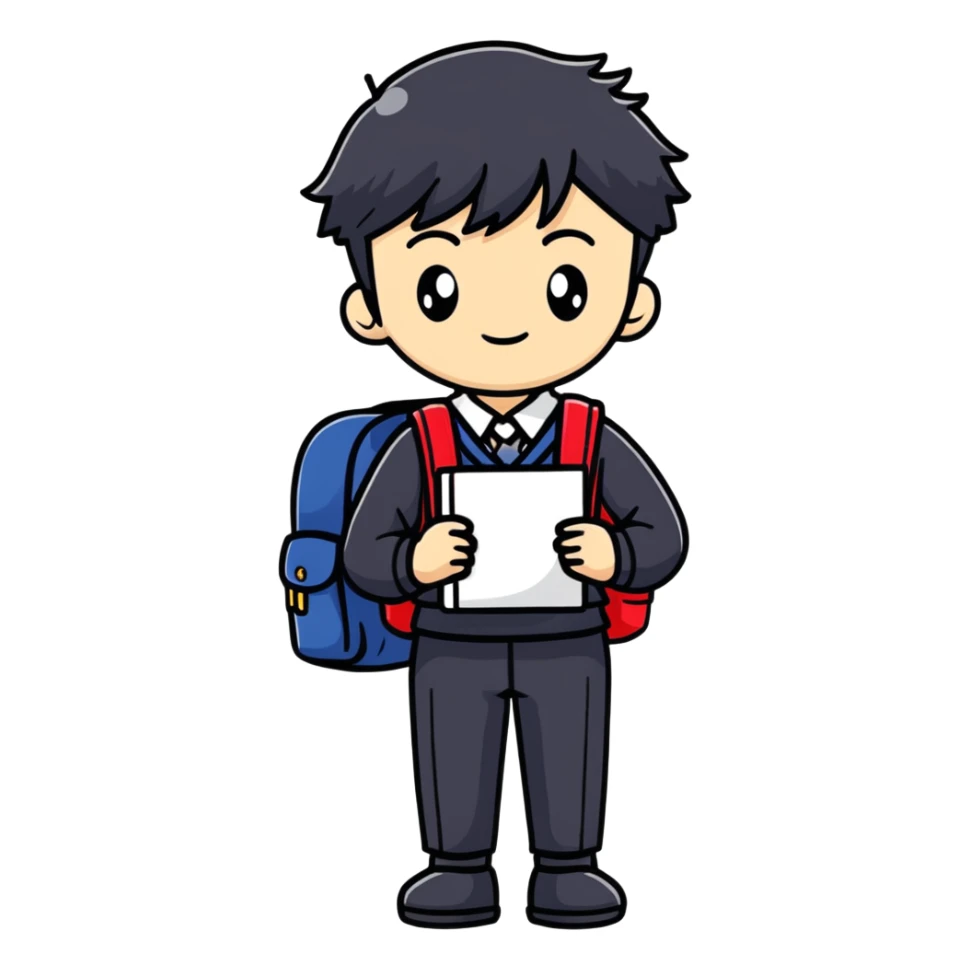 Japanese high school boy in traditional black uniform with school backpack sticker