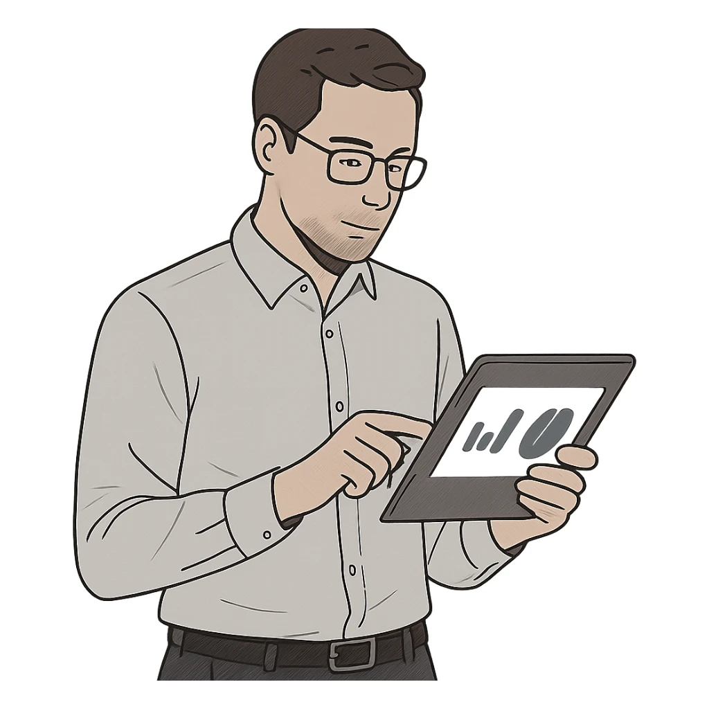 modern accountant, analyzing charts on a tablet, smart casual outfit, minimalistic style sticker